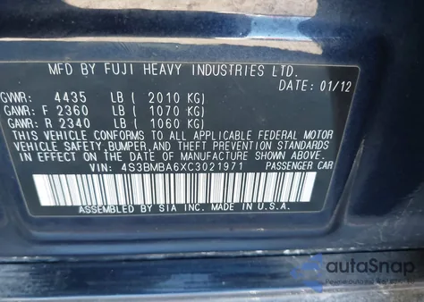 2012 Subaru Legacy 2.5I из США, поврежденный, VIN 4S3BMBA6XC3021971